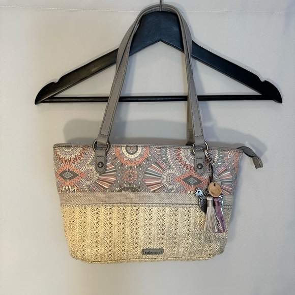 Sakroots Handbags - The Sak Sakroots Ellis Satchel Hobo Tan Gray Straw Leather Shoulder HandBag Tote
